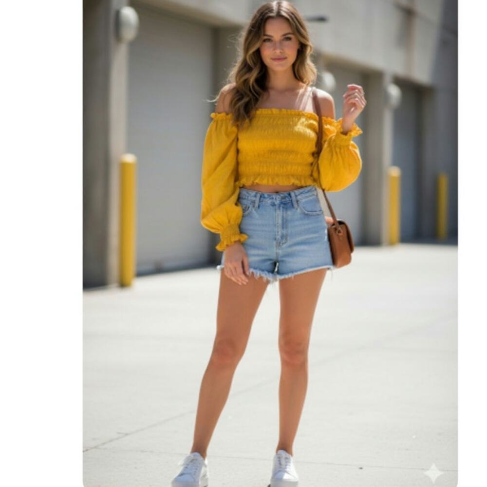 Urban Outfitters‎ Smocked Peasant Top M Womens 3/4 Sleeve Yellow Boho Coquette